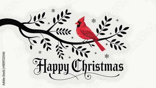Vibrant red cardinal perched on a bare winter tree branch with delicate snowflakes and elegant happy christmas text in a striking silhouette style