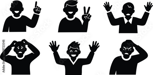 Six angry man black silhouette icons showing emotions and gestures vector illustration