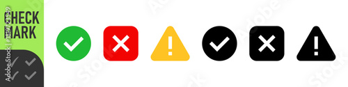 check mark icon button set. check box icon with right and wrong buttons and yes or no checkmark icons in green tick box and red cross. exclamation mark information icon