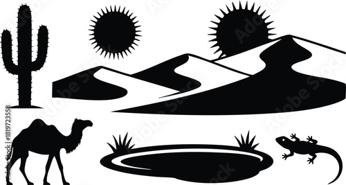 Desert landscape with cactus camel lizard sun and dunes black silhouette vector illustration