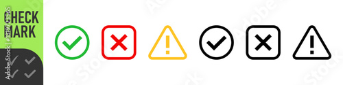 check mark icon button set. check box icon with right and wrong buttons and yes or no checkmark icons in green tick box and red cross. exclamation mark information icon