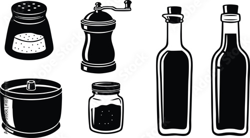 Set of vintage kitchen spice containers bottles grinder and salt shaker vector illustration