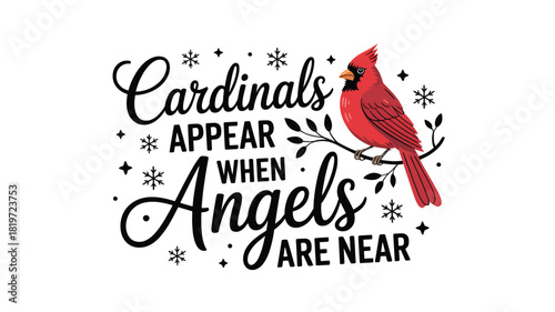 A vibrant red cardinal perched on a branch with a heartwarming quote about angels appearing near presented in a stylized silhouette design