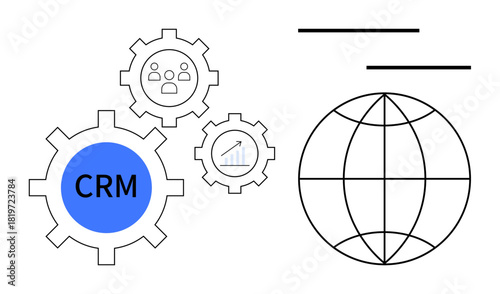 Interconnected gears labeled CRM with analytics and team icons beside a global network outline. Ideal for business strategy, CRM tools, global operations, data analytics, process automation