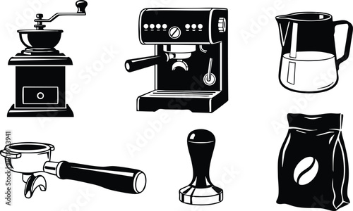 Coffee grinder espresso machine portafilter tamper coffee pot bag set vector illustration