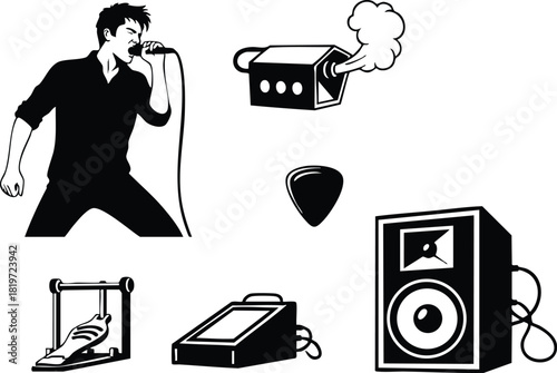 Musician singing with microphone guitar pedal speaker and amplifier vector illustration