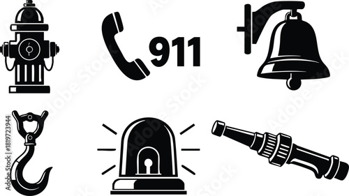 Emergency icons set fire hydrant phone nine one one bell hook siren vector illustration