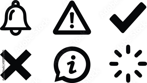 Set of six simple black notification and status icons vector illustration