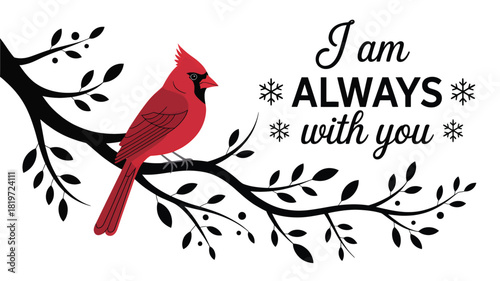 A vibrant red cardinal perched on a bare tree branch with delicate leaves against a white background a touching memorial message silhouette