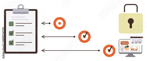 Clipboard with checklist, arrows pointing to target icons, lock symbol, and a desktop with data charts. Ideal for task management, achievement tracking, security, privacy, workflow analytics