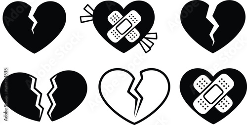 Broken hearts icons set in black and white style with bandage elements vector illustration