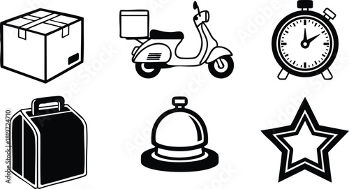 Delivery box scooter stopwatch briefcase bell star simple icons vector illustration