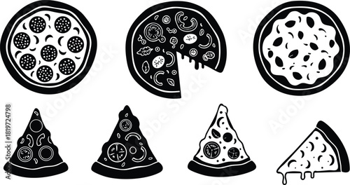 Pizza vector collection black and white silhouette set with whole and sliced pieces food illustration