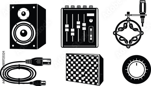 Audio equipment sound speaker mixer cable microphone filter knob vector icons set