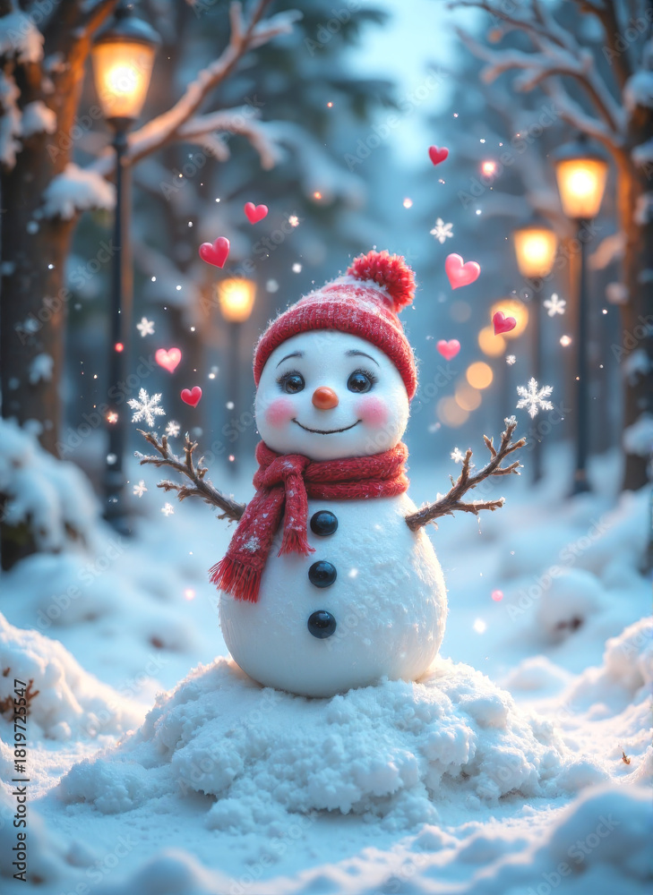 Fototapeta premium A cute snowman with big, sparkling eyes, surrounded by floating snowflakes shaped like hearts, sitting on a pile of snow in a magical snowy park, surrounded by glowing, colorful lanterns and soft gold