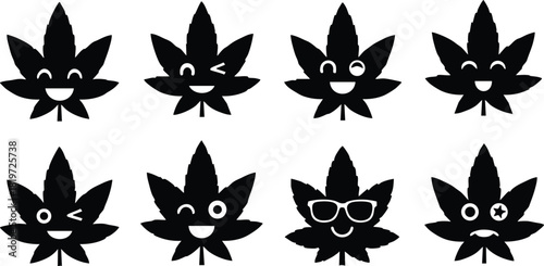 Cartoon style cannabis leaf icons with various facial expressions vector set simple design
