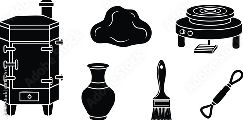 Vintage pottery brush kiln and charcoal fire vector illustration icons set