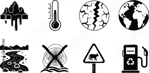 Environmental pollution icons set global warming climate change thermometer melting ice vector illustration