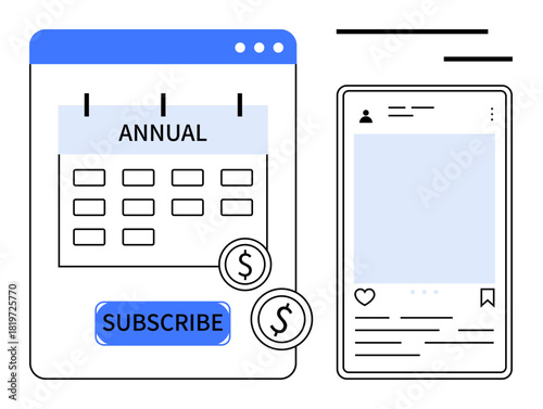 Calendar marked as annual, subscribe button with dollar signs, and mobile interface with icons. Ideal for subscription model, payment systems, budgeting, app design, e-commerce, planning marketing
