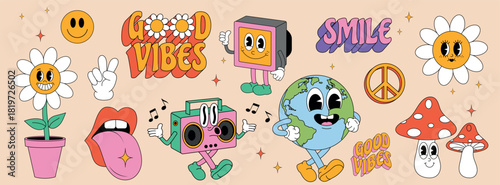 Groovy vector set. Set of vintage groovy elements for stickers and poster. Retro character, hippie 70s style. 