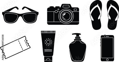 Summer vacation essentials sunglasses camera flipflops sunscreen lotion phone tickets vector illustration