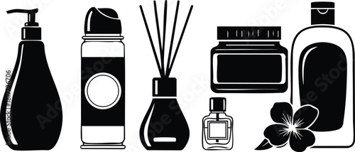 Black silhouette set of cosmetic bottles with flower and reed diffuser vector illustration
