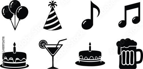 Party celebration icons with cake balloons drinks music and hats vector illustration