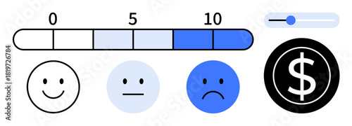 Rating bar, slider, happy-neutral-sad emoticons, and dollar sign emphasizing evaluation, satisfaction, monetization. Ideal for user experience, reviews, rating systems customer engagement
