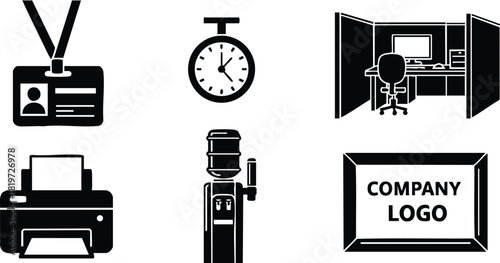 Office work icons with printer stopwatch id card company logo and cubicle design vector illustration