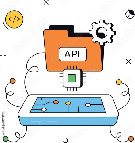 Mobile network data processing with api folder isometric flat vector illustration