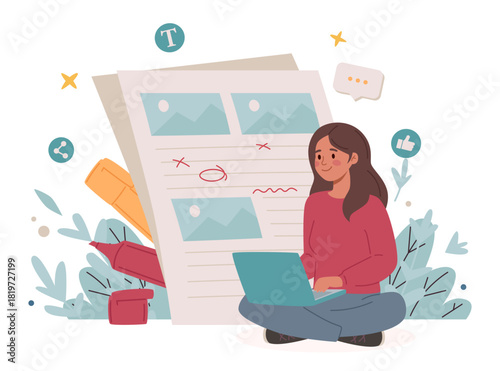 Woman Copywriter Create Content for Blog on Laptop