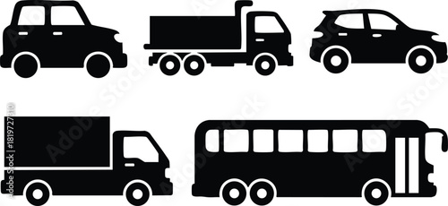 Collection of black silhouette city vehicles including car pickup truck bus vector illustration