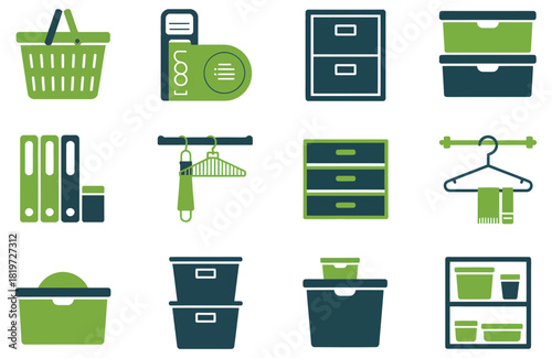 Storage and organization icons flat vector design elements for home improvement and decluttering isolated on white background