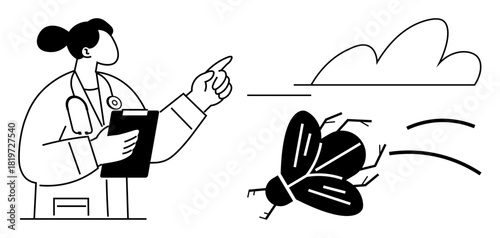 Doctor pointing at a bug in a healthcare context, analyzing its movement. Ideal for health, pest control, disease prevention, entomology, research, epidemiology scientific data. Clean simple flat