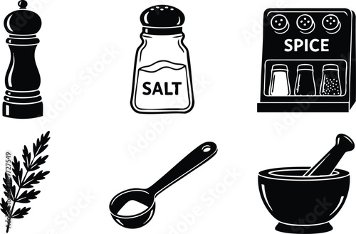 Black and white kitchen spice salt pepper grinder mortar spoon vector illustration