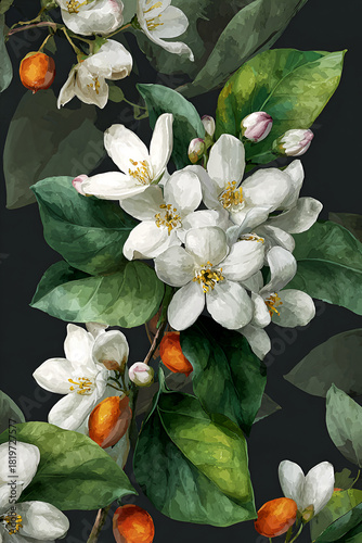 Jasmine Flower Watercolor Seamless Pattern | White Blooms with Green Leaves on Dark Background | Vintage Botanical Wallpaper Illustration