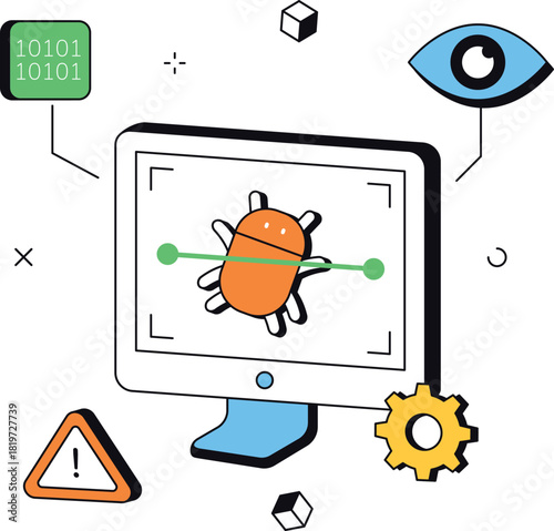 Computer virus scan with binary code and eye isometric flat vector illustration