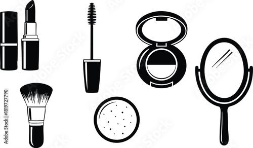 Makeup tools and cosmetics set with lipstick brush mascara powder compact and mirror vector illustration