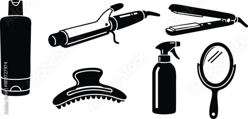 Hair styling tools silhouette set curling iron hair straightener comb spray bottle mirror vector illustration