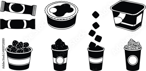 Set of black and white dessert containers with toppings and snacks vector illustration