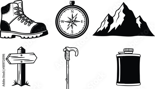 Hiking boots compass mountain signpost walking stick flask outdoor adventure equipment vector illustration