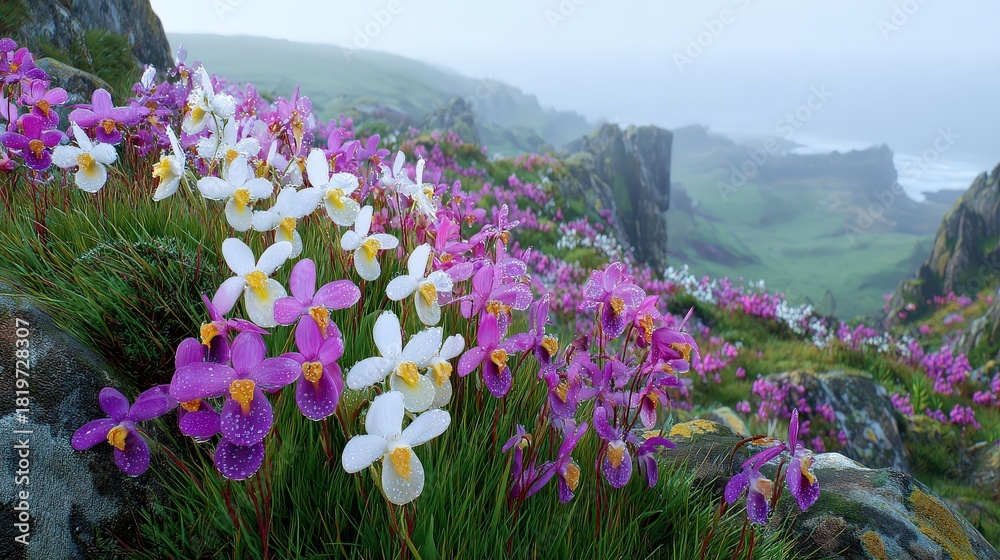 Obraz premium Vivid purple and white orchids blanket a misty coastal hillside landscape