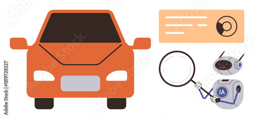 Autonomous robot with magnifying glass examining orange car and data card for digital analysis. Ideal for AI, automation, vehicle inspection, technology, automotive maintenance, diagnostics, data
