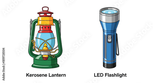 A colorful illustration depicting a kerosene lantern and a modern led flashlight