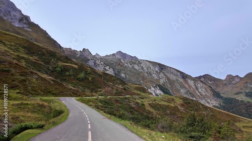 Driving up the Col d'Aubisque, France. Mountain pass in the French Pyrenees massif, symbol of the Tour de France in Bearn, France