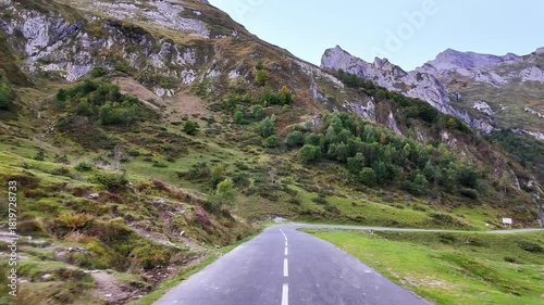 Driving up the Col d'Aubisque, France. Mountain pass in the French Pyrenees massif, symbol of the Tour de France in Bearn, France