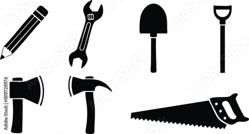 Construction tools vector illustration with pencil wrench shovel axe hammer saw