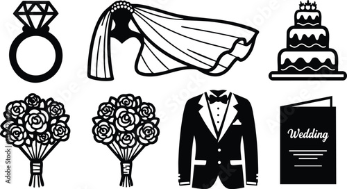Wedding icons set with ring veil cake bouquet tuxedo and invitation vector illustration