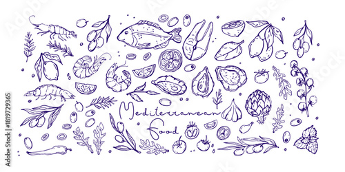 Mediterranean food. Various products for Mediterranean cuisine. Hand drawn doodle sketch. Seafood, greens, vegetables. Ingredients For advertising, packaging, menu, cafe, restaurant, poster, sticker