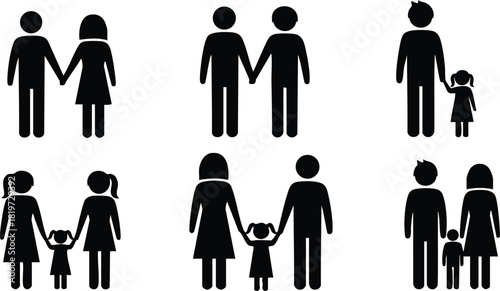 Family icons set with parents and children holding hands vector illustration